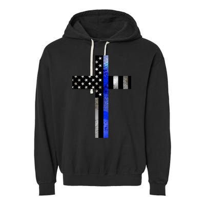A Christian cross showing support for law enforcement - Thin Blue Line Garment-Dyed Fleece Hoodie