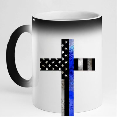 A Christian cross showing support for law enforcement - Thin Blue Line 11oz Black Color Changing Mug