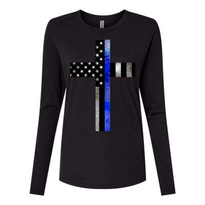 A Christian cross showing support for law enforcement - Thin Blue Line Womens Cotton Relaxed Long Sleeve T-Shirt