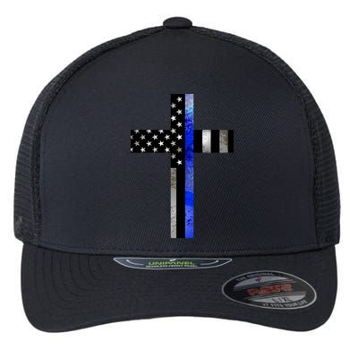 A Christian cross showing support for law enforcement - Thin Blue Line Flexfit Unipanel Trucker Cap
