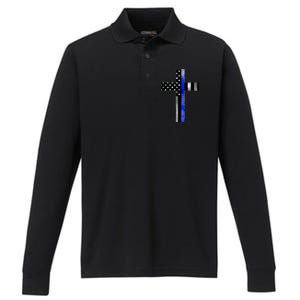 A Christian cross showing support for law enforcement - Thin Blue Line Performance Long Sleeve Polo