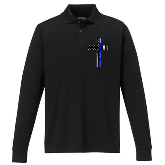 A Christian cross showing support for law enforcement - Thin Blue Line Performance Long Sleeve Polo