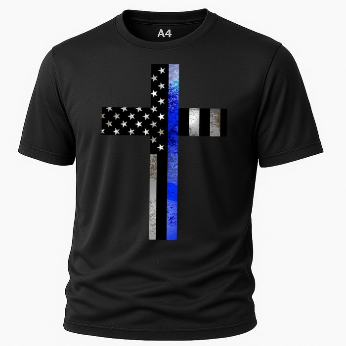 A Christian cross showing support for law enforcement - Thin Blue Line Performance Shirt