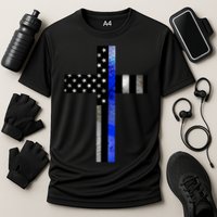 A Christian cross showing support for law enforcement - Thin Blue Line Performance Shirt