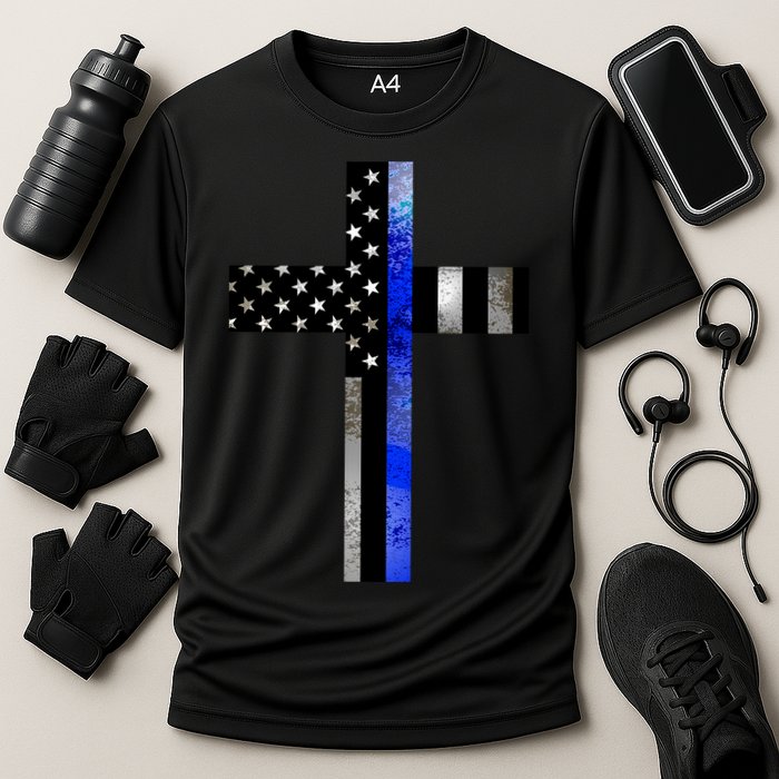 A Christian cross showing support for law enforcement - Thin Blue Line Performance Shirt