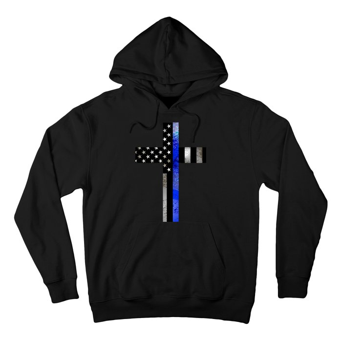 A Christian cross showing support for law enforcement - Thin Blue Line Hoodie