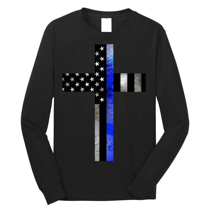 A Christian cross showing support for law enforcement - Thin Blue Line Long Sleeve Shirt