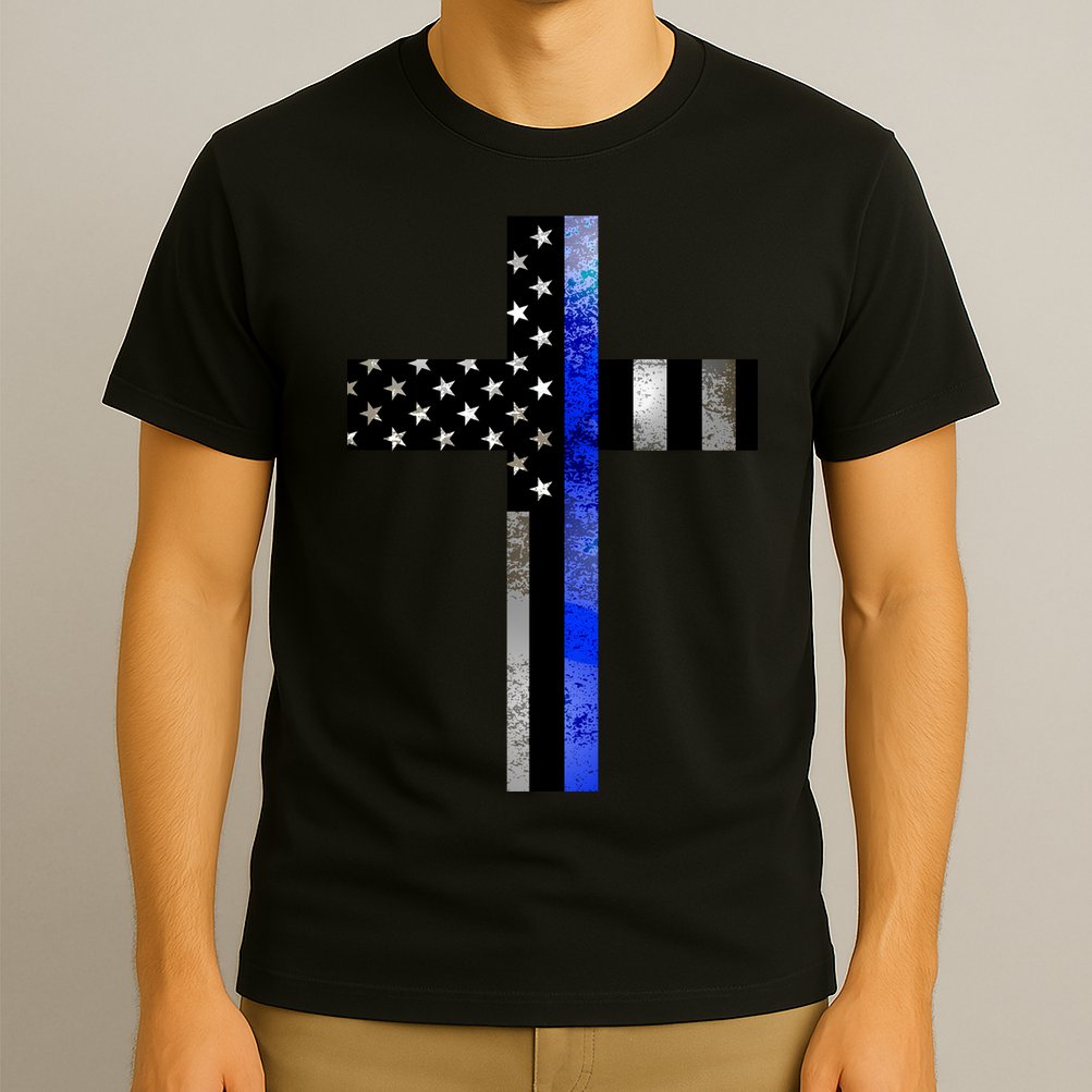 A Christian cross showing support for law enforcement - Thin Blue Line T-Shirt