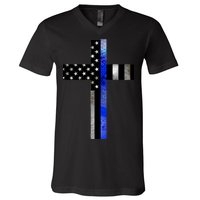 A Christian cross showing support for law enforcement - Thin Blue Line V-Neck T-Shirt