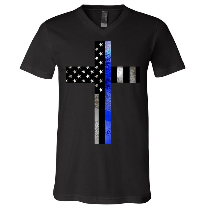 A Christian cross showing support for law enforcement - Thin Blue Line V-Neck T-Shirt