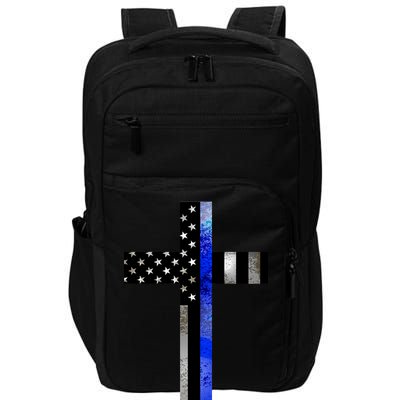 A Christian cross showing support for law enforcement - Thin Blue Line Impact Tech Backpack