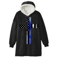 A Christian cross showing support for law enforcement - Thin Blue Line Hooded Wearable Blanket