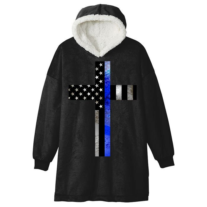 A Christian cross showing support for law enforcement - Thin Blue Line Hooded Wearable Blanket