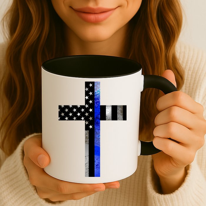 A Christian cross showing support for law enforcement - Thin Blue Line Mug