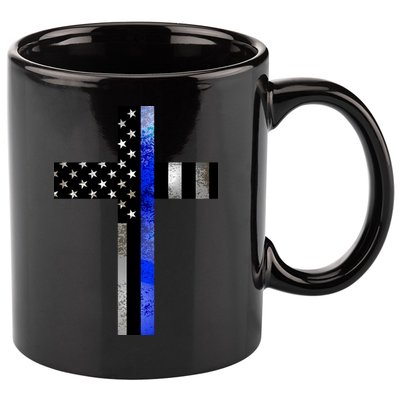 A Christian cross showing support for law enforcement - Thin Blue Line 11oz C Handle Ceramic Mug