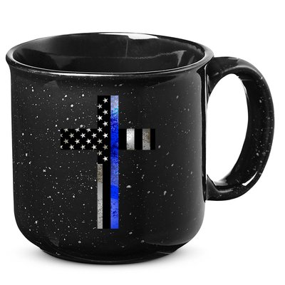 A Christian cross showing support for law enforcement - Thin Blue Line 15oz Campfire Ceramic Mug