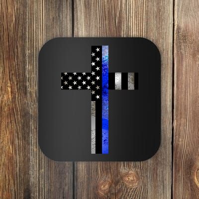 A Christian cross showing support for law enforcement - Thin Blue Line Coaster