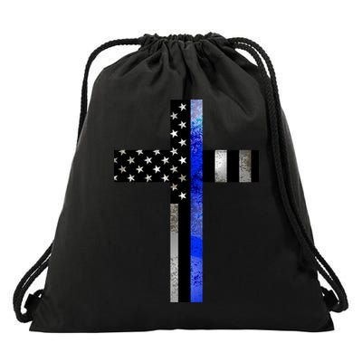 A Christian cross showing support for law enforcement - Thin Blue Line Drawstring Bag