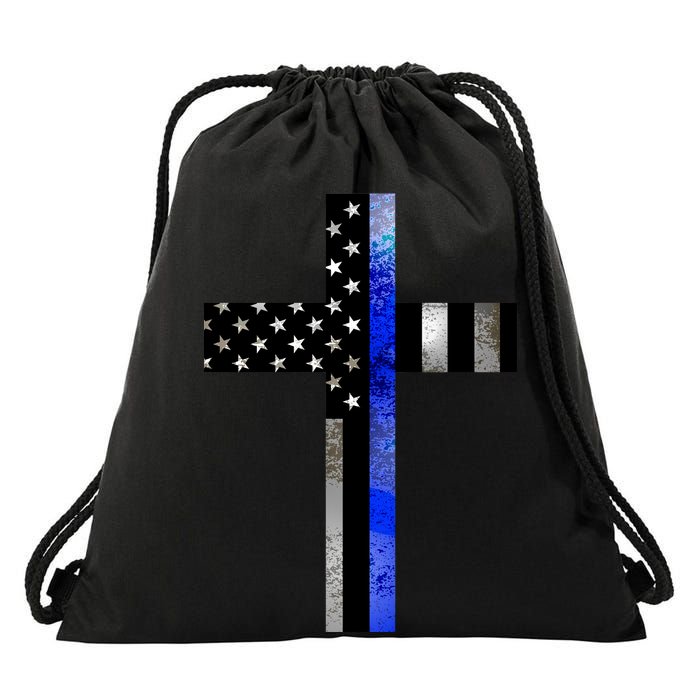 A Christian cross showing support for law enforcement - Thin Blue Line Drawstring Bag