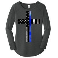 A Christian cross showing support for law enforcement - Thin Blue Line Women's Perfect Tri Tunic Long Sleeve Shirt