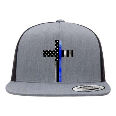 A Christian cross showing support for law enforcement - Thin Blue Line Flat Bill Trucker Hat