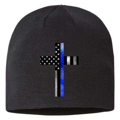 A Christian cross showing support for law enforcement - Thin Blue Line Sustainable Beanie