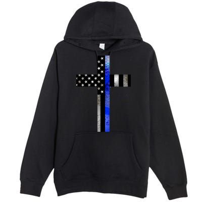 A Christian cross showing support for law enforcement - Thin Blue Line Premium Pullover Hoodie
