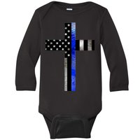 A Christian cross showing support for law enforcement - Thin Blue Line Baby Long Sleeve Bodysuit