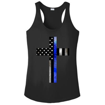 A Christian cross showing support for law enforcement - Thin Blue Line Ladies PosiCharge Competitor Racerback Tank