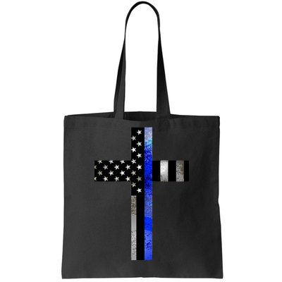 A Christian cross showing support for law enforcement - Thin Blue Line Tote Bag