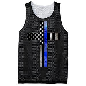 A Christian cross showing support for law enforcement - Thin Blue Line Mesh Reversible Basketball Jersey Tank