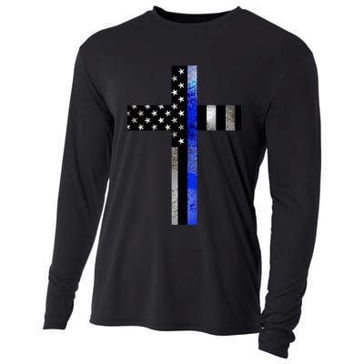 A Christian cross showing support for law enforcement - Thin Blue Line Cooling Performance Long Sleeve Crew