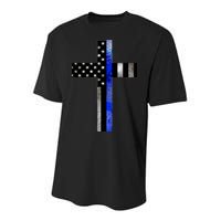 A Christian cross showing support for law enforcement - Thin Blue Line Youth Performance Sprint T-Shirt