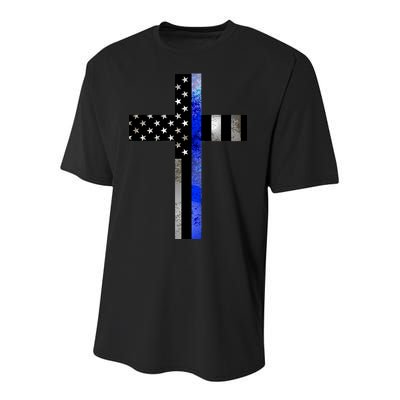 A Christian cross showing support for law enforcement - Thin Blue Line Youth Performance Sprint T-Shirt