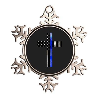 A Christian cross showing support for law enforcement - Thin Blue Line Metallic Star Ornament