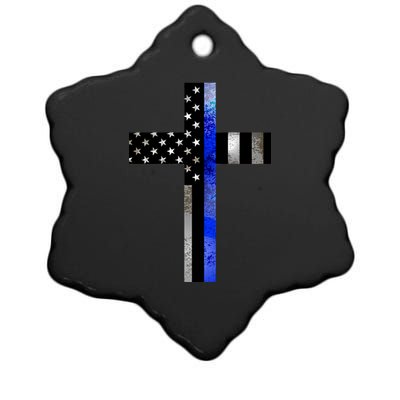 A Christian cross showing support for law enforcement - Thin Blue Line Ceramic Star Ornament