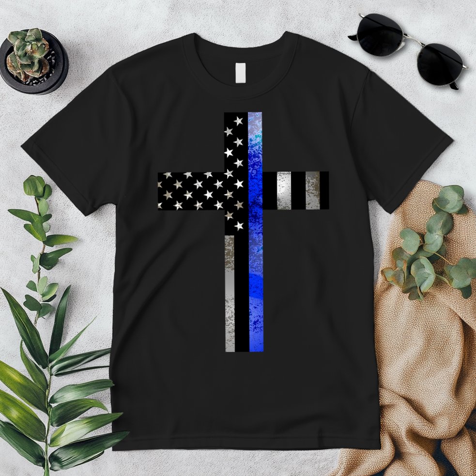 A Christian cross showing support for law enforcement - Thin Blue Line Premium T-Shirt