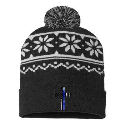 A Christian cross showing support for law enforcement - Thin Blue Line USA-Made Snowflake Beanie