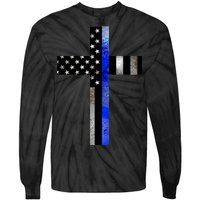 A Christian cross showing support for law enforcement - Thin Blue Line Tie-Dye Long Sleeve Shirt