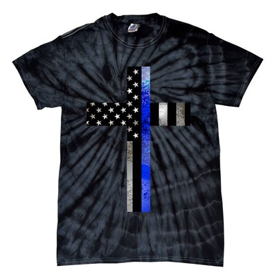 A Christian cross showing support for law enforcement - Thin Blue Line Tie-Dye T-Shirt