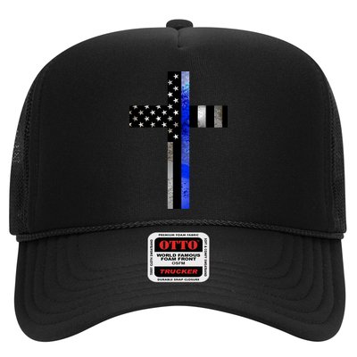 A Christian cross showing support for law enforcement - Thin Blue Line Trucker Hat