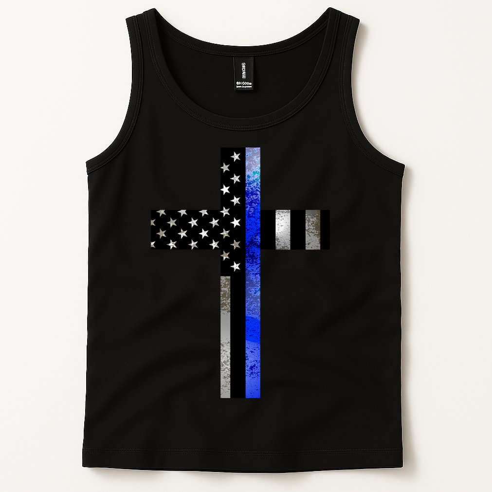 A Christian cross showing support for law enforcement - Thin Blue Line Tank Top