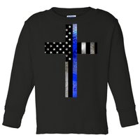 A Christian cross showing support for law enforcement - Thin Blue Line Toddler Long Sleeve Shirt