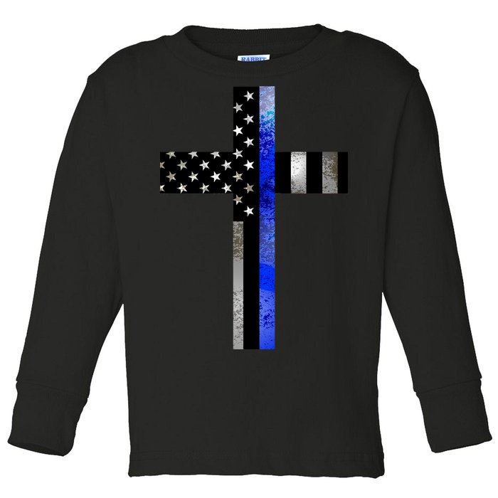 A Christian cross showing support for law enforcement - Thin Blue Line Toddler Long Sleeve Shirt