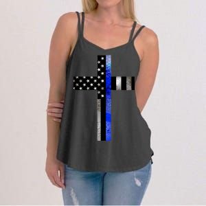 A Christian cross showing support for law enforcement - Thin Blue Line Women's Strappy Tank