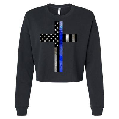 A Christian cross showing support for law enforcement - Thin Blue Line Cropped Pullover Crew