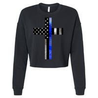 A Christian cross showing support for law enforcement - Thin Blue Line Cropped Pullover Crew