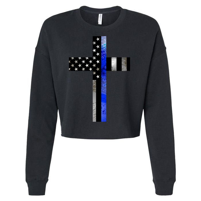 A Christian cross showing support for law enforcement - Thin Blue Line Cropped Pullover Crew