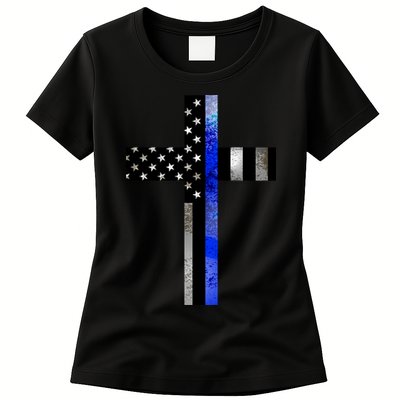 A Christian cross showing support for law enforcement - Thin Blue Line Womens T-Shirt