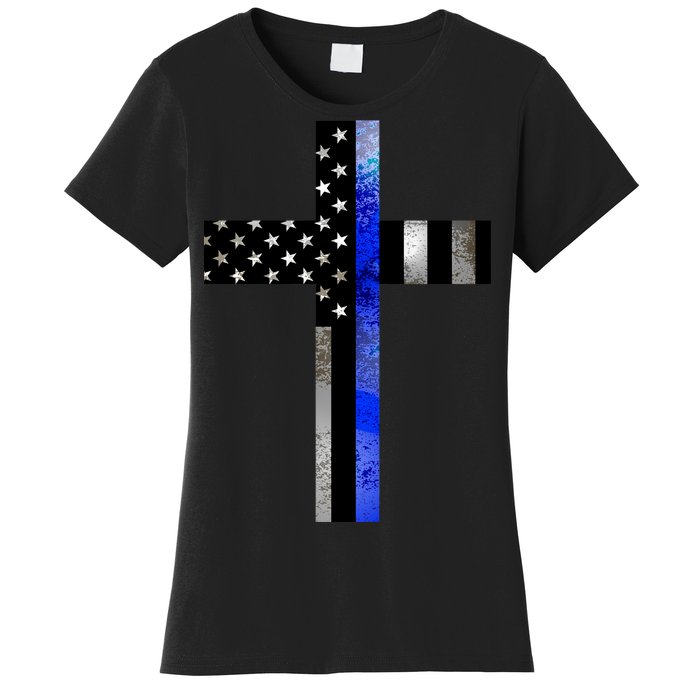 A Christian cross showing support for law enforcement - Thin Blue Line Women's T-Shirt